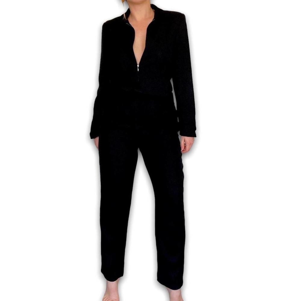 Vintage 90s Valerie Stevens Black Two Piece Zip Up Silk Pant Two Piece Outfit